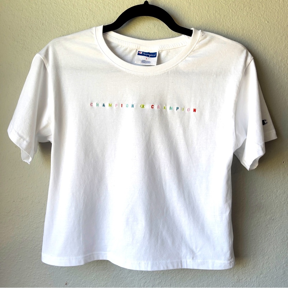 CHAMPION Tiny Script White Short Sleeve Cropped Tee L NWT